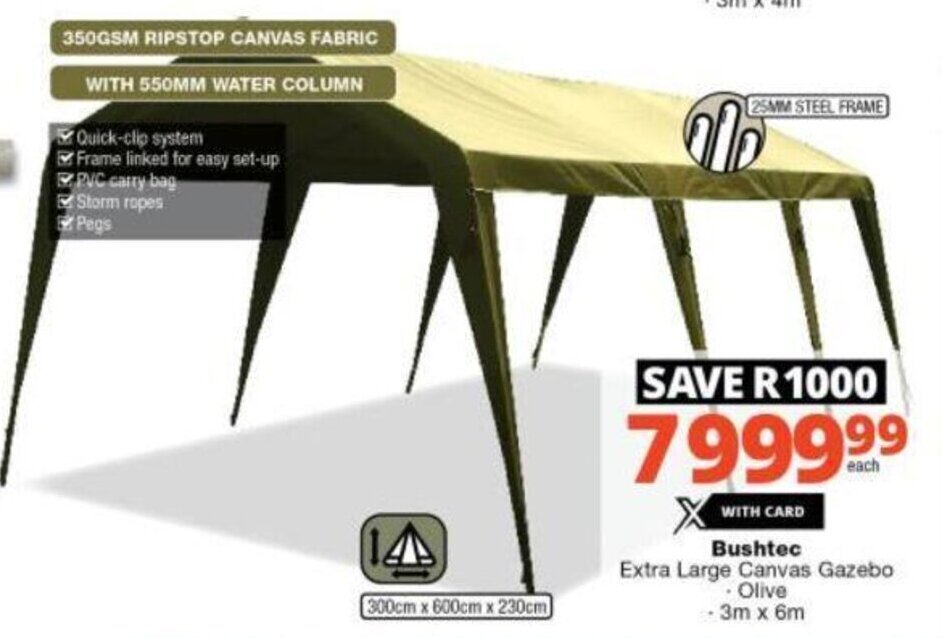Bushtec Extra Large Canvas Gazebo Olive 3mx6m offer at Checkers