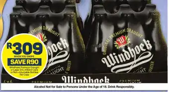 Pick n Pay Windhoek Premium Draught or Lager 24x440ml Cans or Non-returnable Bottles Per case offer