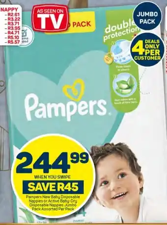 Pick n Pay Pampers New Baby Disposable Nappies or Active Baby-Dry Disposable Nappies Jumbo Pack Assorted Per Pack offer