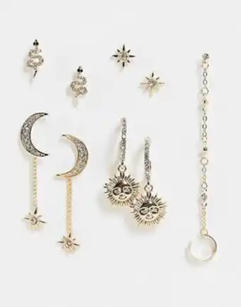 Asos design pack of 6 earrings with mixed celestial design in gold tone