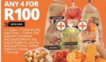 Checkers Hyper Class 1 Potatoes 3kg/Class 1 Onions 3kg/Jam Tomatoes 2kg/Butternut 3kg/Oranges for Juicing 3kg/Choice Golden Apples 1,5kg offer