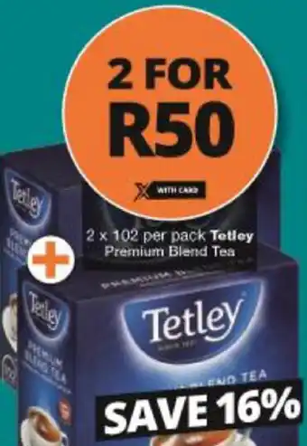 Checkers Hyper Tetley Premium Blend Tea 2x102 per pack offer