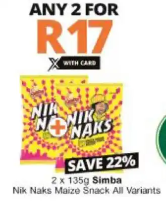 Checkers Hyper Simba Nik Naks Maize Snack 2x135g offer