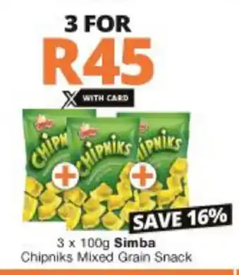 Checkers Hyper Simba Chipniks Mixed Grain Snack 3x100g offer