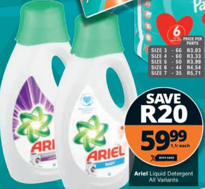 Ariel Liquid Detergent 1,1L offer at Checkers