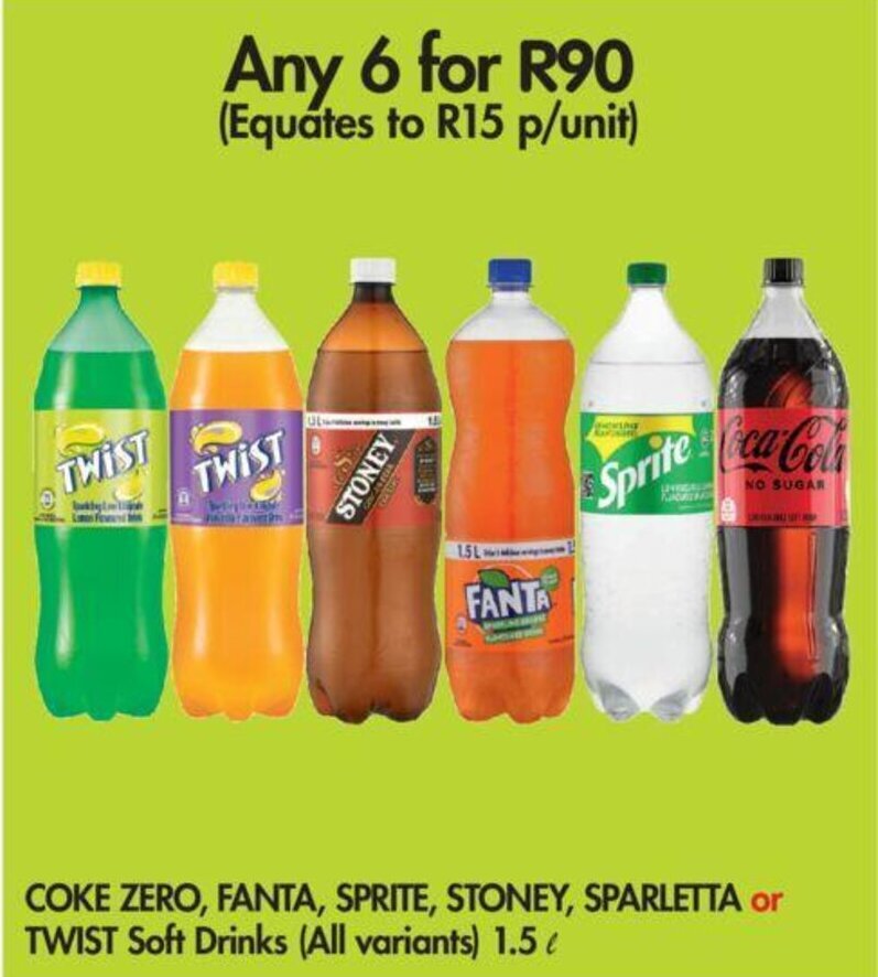 Coke Zero, Fanta, Sprite, Stoney, Sparletta or Twist Soft Drinks (all