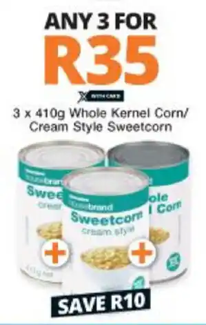 Checkers Whole Kernel Corn/Cream Style Sweetcorn 3x410g offer