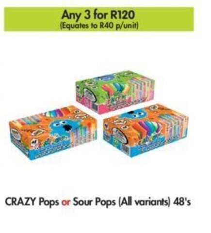 Crazy Pops or Sour Pops (all variants) 48's offer at Makro