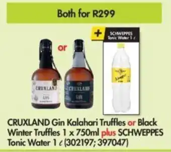 Cruxland Gin Kalahari Truffles or Black Winter Truffles 1x750ml plus Schweppes Tonic Water 1l