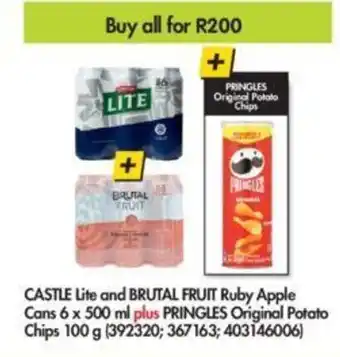 Makro Castle Lite and Brutal Fruit Ruby Apple Cans 6x500ml plus Pringles Original Potato Chips 100g offer