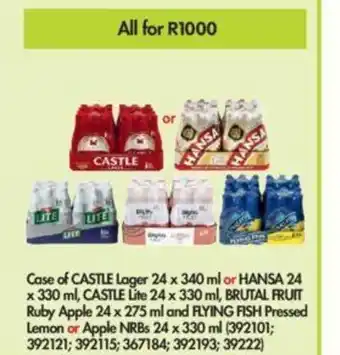 Makro Case of Castle Lager 24x340ml or Hansa 24x330ml, Castle Lite 24x330ml, Brutal Fruit Ruby Apple 24x275ml and Flying Fish Press offer