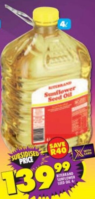 Shoprite Ritebrand Sunflower Seed Oil 4l offer