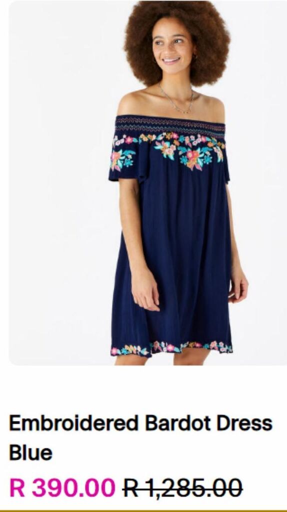 Embroidered bardot dress blue offer at Accessorize