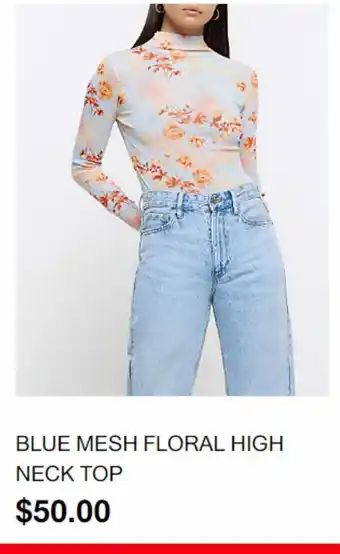 Blue mesh floral high neck top