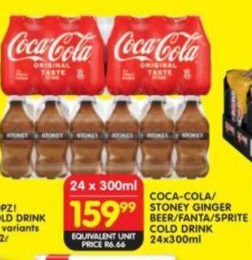 CocaCola Stoney Ginger Beer/Fanta/Sprite Cold Drink 24x300ml offer at