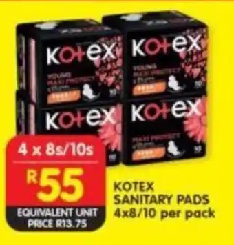 Shoprite Kotex Sanitary Pads 4x8/10 per pack offer