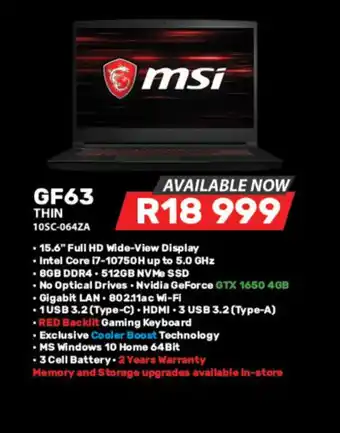 Computer Mania MSI - GF63 Thin (10SC-064ZA offer