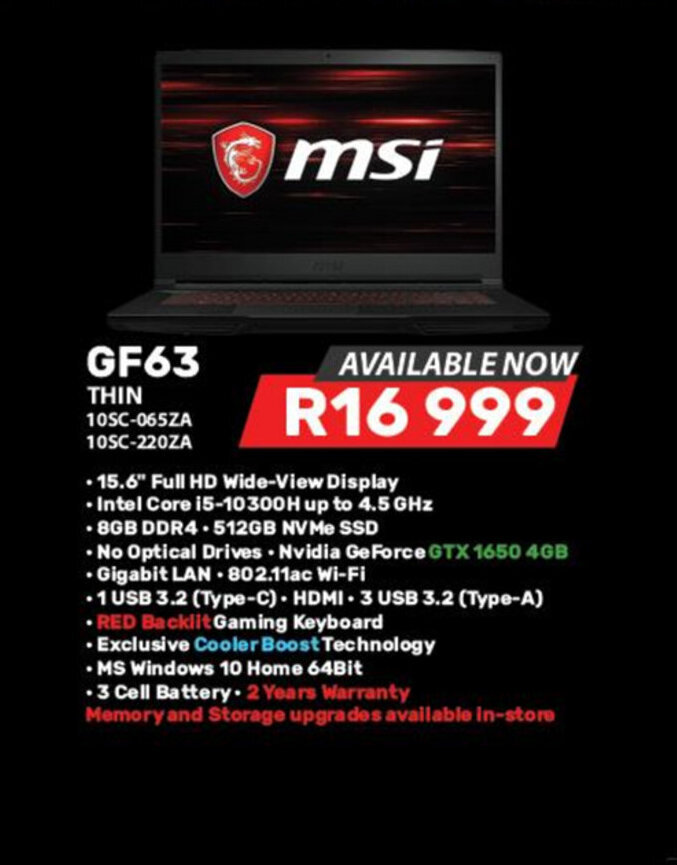 MSI GF63 Thin 10SC 065ZA 10SC 220ZA Offer At Computer Mania