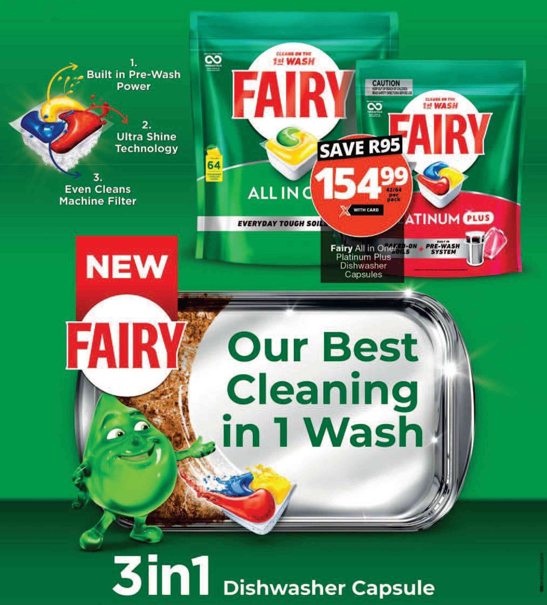 Fairy All in One Platinum Plus Dishwasher Capsules offer at Checkers