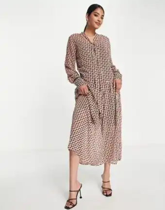 River island geo print tie neck detail midi dress in brown
