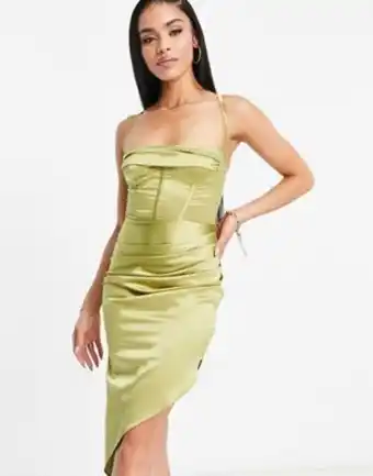 Asos design satin cowl bust wired corset ruch midi dress in olive