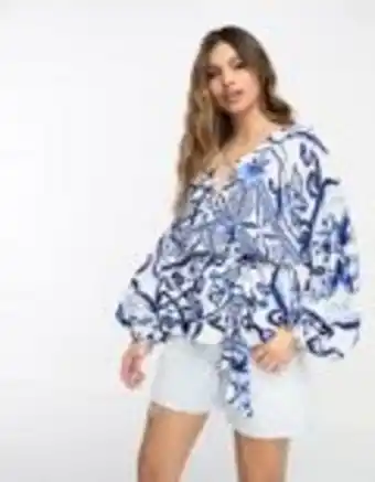 Asos River island tile print kimono wrap top in blue offer