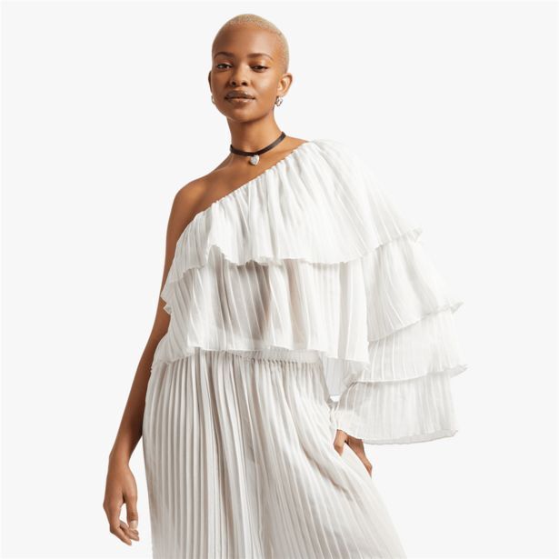 Women s white co ord one shoulder top with frill sleeve offer at