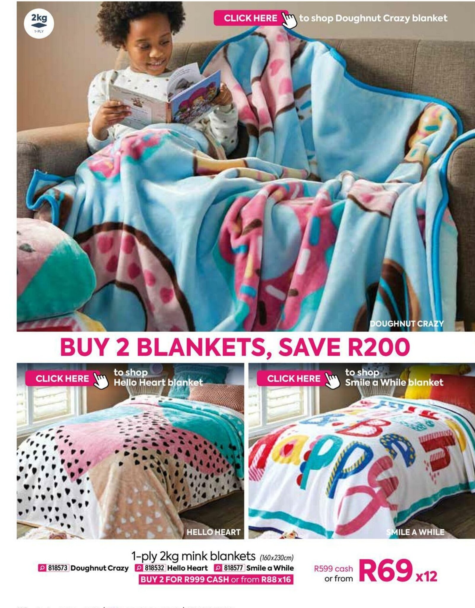 Doughnut Crazy 1Ply 2kg Mink Blankets offer at HomeChoice