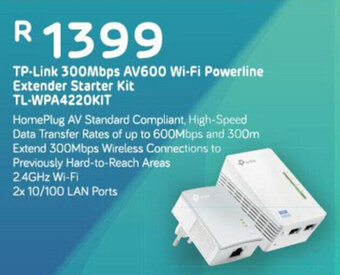 Computer Mania Tp-Link 300Mbps AV600 Wi-Fi Powerline Extender Starter Kit TL-WPA4220KIT offer
