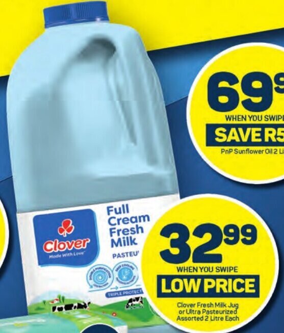 Clover Fresh Milk Jug or Ultra Pasteurized Assorted 2 Litre each offer at Pick n Pay