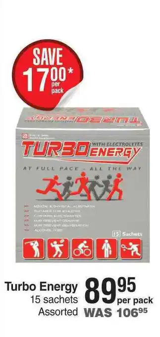 Dis-Chem Turbo energy assorted-15 sachets per pack offer