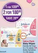 Dis-Chem Johnsons value pack baby wipes gentle all over 4 x 72 wipes or extra sensitive 4 x 56 wipes-for 1 offer
