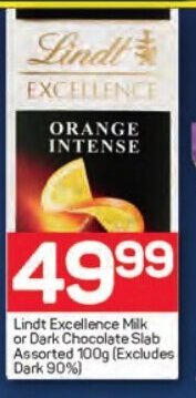 Pick n Pay Lindt Excellence Milk or Dark Chocolate Slab Assorted 100g (excludes dark 90%) offer