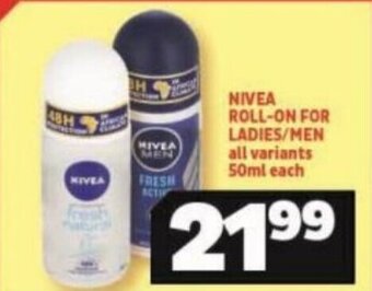 Usave Nivea Roll-on For Ladies/Men all variants 50ml each offer