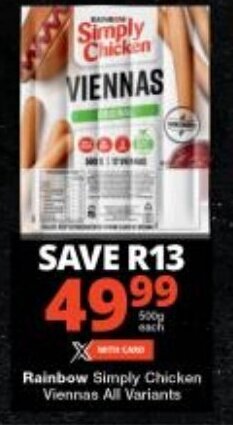 Checkers Rainbow Simply Chicken Viennas All Variants offer
