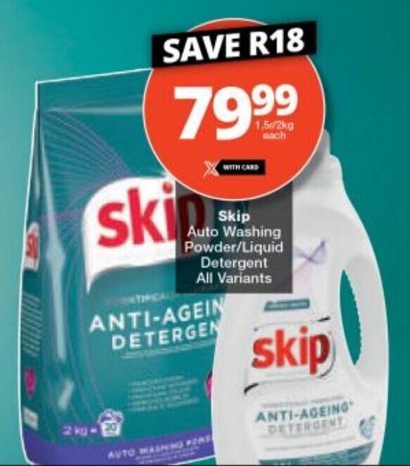Skip Auto Washing Powder/Liquid Detergent All Variants offer at Checkers