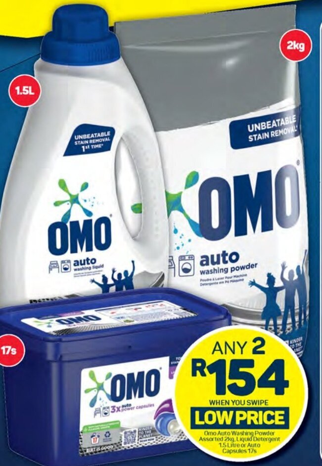 Omo Auto Washing Powder Assorted 2kg, Liquid Detergent 1.5 Litre or