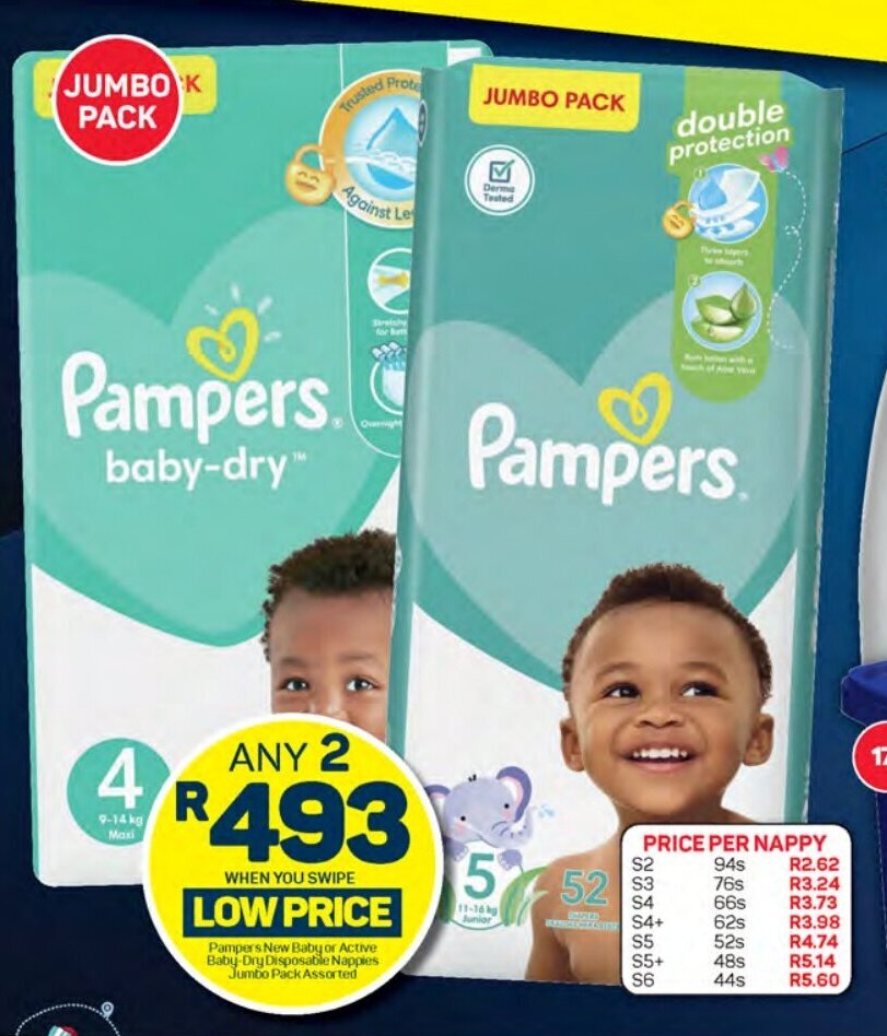Pampers New Baby or Active BabyDry Disposable Nappies Jumbo Pack Assorted offer at Pick n Pay