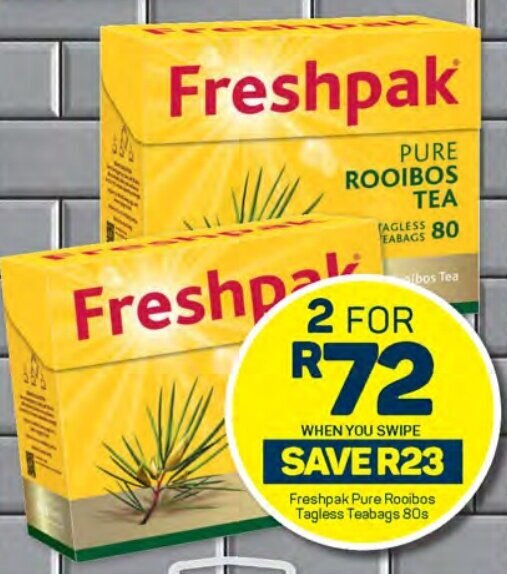Freshpak Pure Rooibos Tagless Teabags 80s offer at Pick n Pay