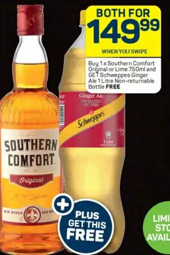 Pick n Pay Buy 1x Southern Comfort Original or Lime 750ml and GET Schweppes Ginger Ale 1 Litre Non-returnable Bottle FREE offer