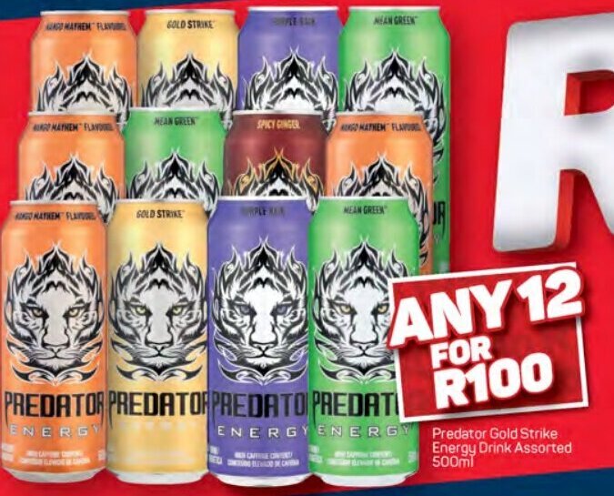 Predator Gold Strike Energy Drink Assorted 500ml offer at Pick n Pay