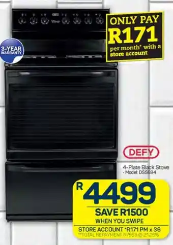 Pick n Pay DEFY 4-Plate Black Stove Model: DSS694 offer