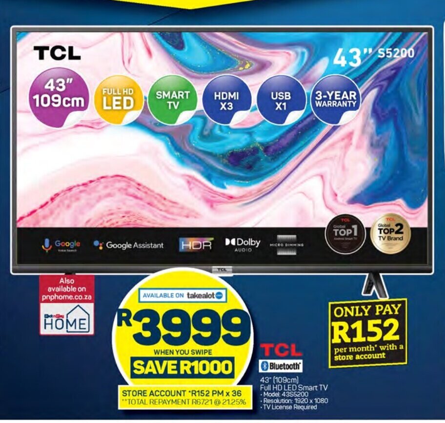 TCL Bluetooth 43" (109cm) Full HD LED Smart TV offer at Pick n Pay