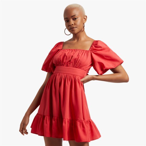 Women's red baby doll dress with puff sleeves offer at The FIX