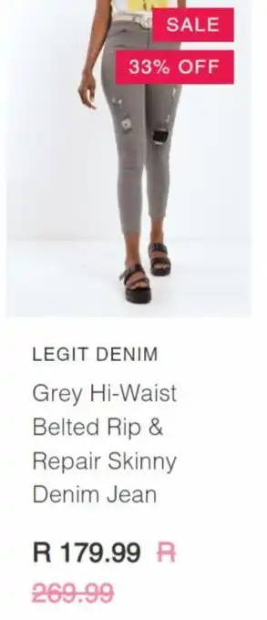 LEGiT Grey hi-waist belted rip & repair skinny denim jean offer
