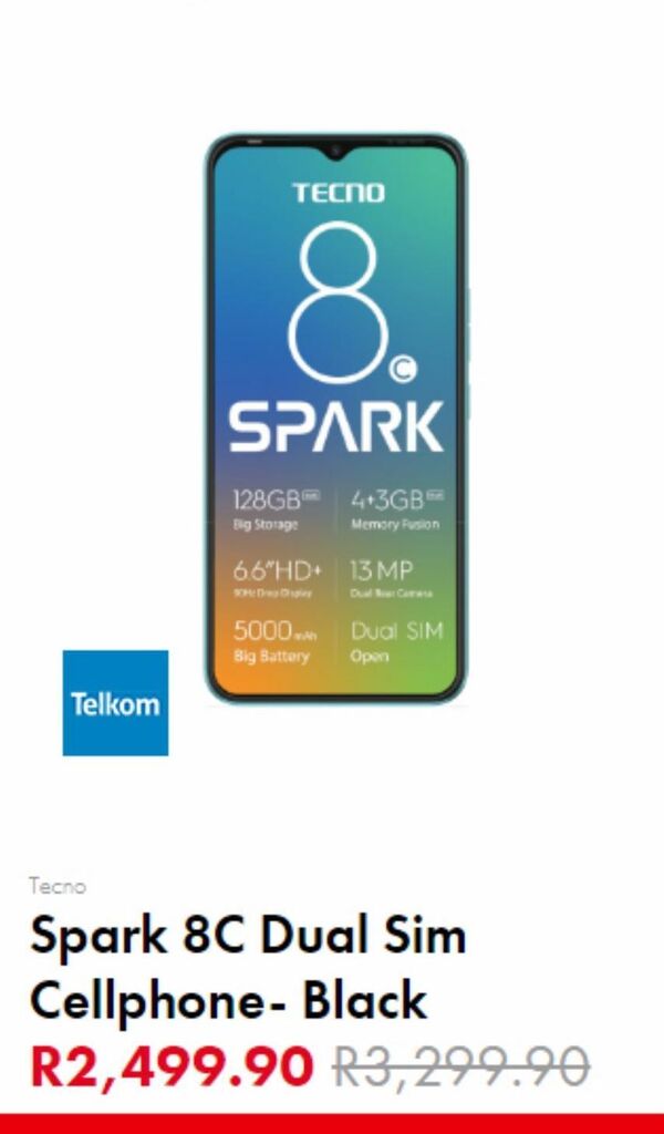 Spark 8c dual sim cell phone black offer at Edgars