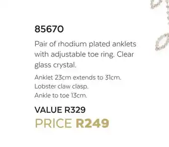 Pair of rhodium plated anklets with adjustable toe ring. clear glass crystal