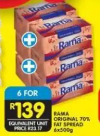 Shoprite RAMA ORIGINAL 70% FAT SPREAD 6x500g offer