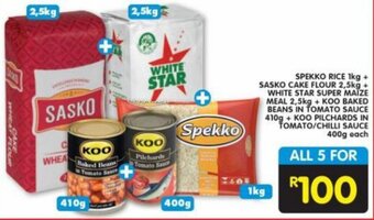 Shoprite SPEKKO RICE 1kg + SASKO CAKE FLOUR 2,5kg + WHITE STAR SUPER MAIZE MEAL 2,5kg + KOO BAKED BEANS IN TOMATO SAUCE 410g + KOO offer