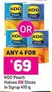 Game Koo peach halves or slices in syrup-for 4 x 410g offer